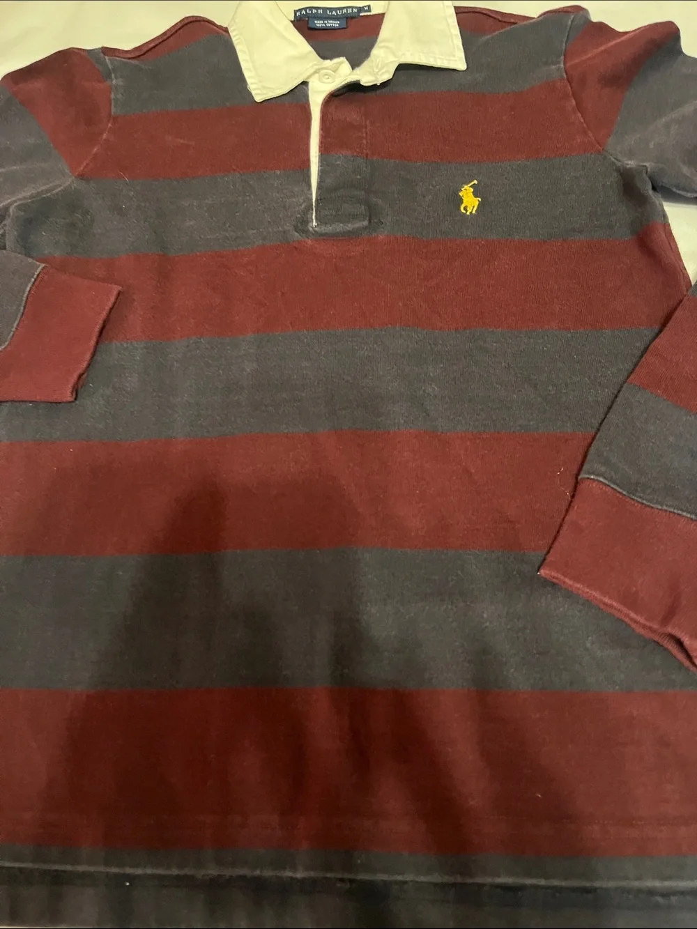 Ralph Lauren Kids Burgundy and Charcoal Striped Rugby Polo with Cream Collar